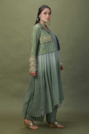 Shop_ASHNA VASWANI_Green Cotton, Kota Doria Collared Neck Cropped Jacket And Striped Pant Set _Online_at_Aza_Fashions