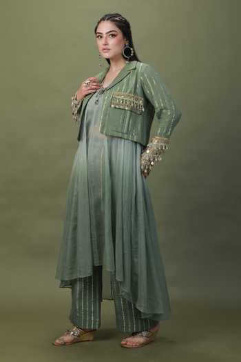 ASHNA VASWANI_Green Cotton, Kota Doria Collared Neck Cropped Jacket And Striped Pant Set _at_Aza_Fashions