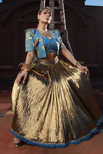 ASHNA VASWANI_Blue Silk, Satin, Jacquard, Denim Crushed Skirt Set _at_Aza_Fashions