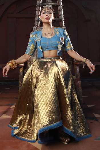 Buy_ASHNA VASWANI_Blue Silk, Satin, Jacquard, Denim Crushed Skirt Set 
