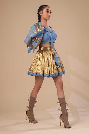 Buy_ASHNA VASWANI_Blue Denim, Silk, Jacquard Open , Sweetheart Hand Painted Jacket Set _Online_at_Aza_Fashions
