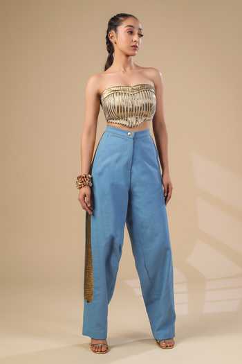 ASHNA VASWANI_Blue Denim, Silk, Jacquard, Kota Doria Open Neck Hand Painted Jacket And Pant Set _Online_at_Aza_Fashions