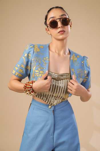 Buy_ASHNA VASWANI_Blue Denim, Silk, Jacquard, Kota Doria Open Neck Hand Painted Jacket And Pant Set _Online_at_Aza_Fashions