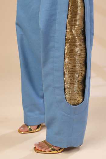 Buy_ASHNA VASWANI_Blue Denim, Silk, Jacquard, Kota Doria Open Neck Hand Painted Jacket And Pant Set 