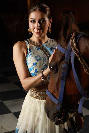Buy ASHNA VASWANI Blue Cotton, Satin, Kota Doria, Denim High Neck Hand Painted Top And Skirt Set Online at Aza Fashions Buy_ASHNA VASWANI_Blue Cotton, Satin, Kota Doria, Denim High Neck Hand Painted Top And Skirt Set _Online_at_Aza_Fashions