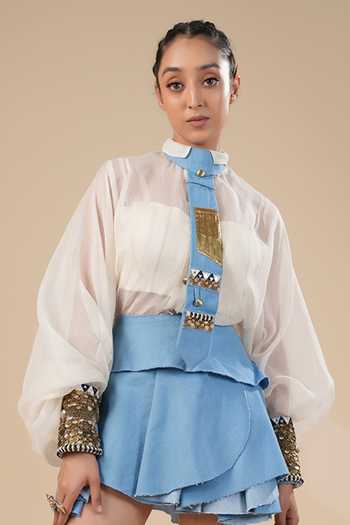 ASHNA VASWANI Ivory Kota Doria, Denim, Satin Mandarin Collar, Handwork Shirt And Skirt Set Online at Aza Fashions ASHNA VASWANI_Ivory Kota Doria, Denim, Satin Mandarin Collar, Handwork Shirt And Skirt Set _Online_at_Aza_Fashions