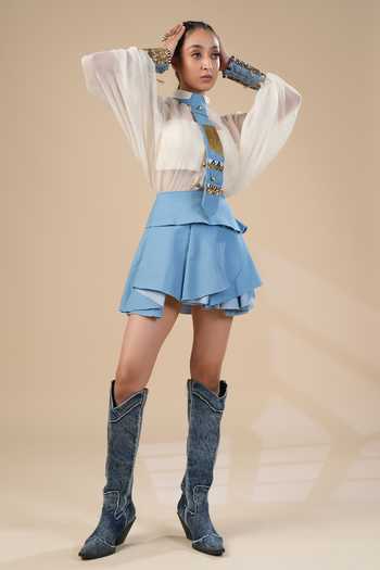 Buy ASHNA VASWANI Ivory Kota Doria, Denim, Satin Mandarin Collar, Handwork Shirt And Skirt Set Online at Aza Fashions Buy_ASHNA VASWANI_Ivory Kota Doria, Denim, Satin Mandarin Collar, Handwork Shirt And Skirt Set _Online_at_Aza_Fashions