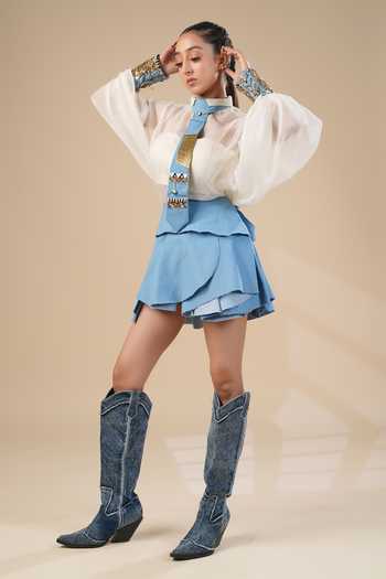 Shop ASHNA VASWANI Ivory Kota Doria, Denim, Satin Mandarin Collar, Handwork Shirt And Skirt Set Online at Aza Fashions Shop_ASHNA VASWANI_Ivory Kota Doria, Denim, Satin Mandarin Collar, Handwork Shirt And Skirt Set _Online_at_Aza_Fashions