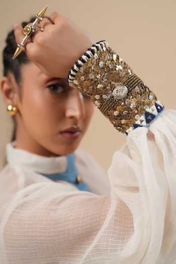 Buy ASHNA VASWANI Ivory Kota Doria, Denim, Satin Mandarin Collar, Handwork Shirt And Skirt Set Buy_ASHNA VASWANI_Ivory Kota Doria, Denim, Satin Mandarin Collar, Handwork Shirt And Skirt Set