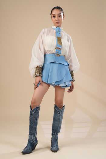 ASHNA VASWANI Handwork Kota Doria Denim Shirt & Skirt Set 