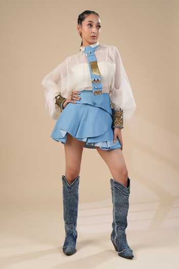 Shop ASHNA VASWANI Ivory Kota Doria, Denim, Satin Mandarin Collar, Handwork Shirt And Skirt Set Shop_ASHNA VASWANI_Ivory Kota Doria, Denim, Satin Mandarin Collar, Handwork Shirt And Skirt Set