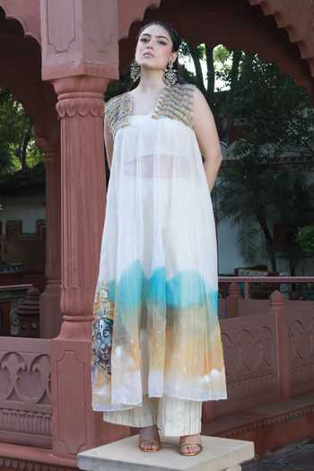Shop_ASHNA VASWANI_Ivory Kota Doria, Cotton Scoop , Bandeau Hand Painted Kurta Set _Online_at_Aza_Fashions