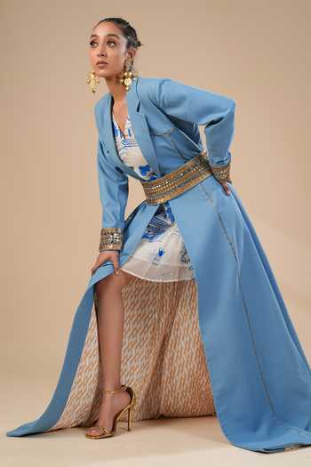 ASHNA VASWANI_Blue Kota Doria, Denim V-, Collared Hand Painted Dress Set _Online_at_Aza_Fashions