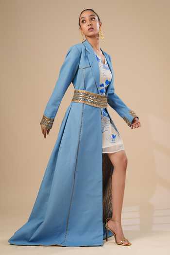 Buy_ASHNA VASWANI_Blue Kota Doria, Denim V-, Collared Hand Painted Dress Set _Online_at_Aza_Fashions