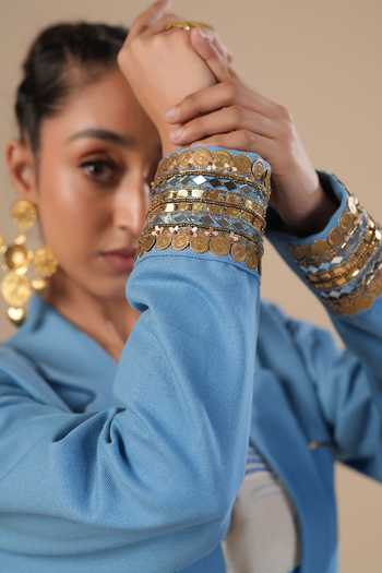 Shop_ASHNA VASWANI_Blue Kota Doria, Denim V-, Collared Hand Painted Dress Set _Online_at_Aza_Fashions