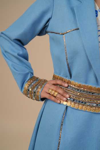 ASHNA VASWANI_Blue Kota Doria, Denim V-, Collared Hand Painted Dress Set _at_Aza_Fashions
