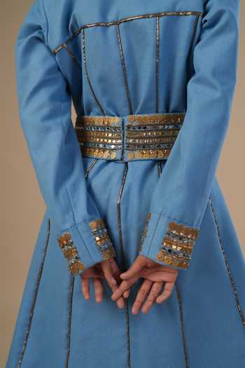 Buy_ASHNA VASWANI_Blue Kota Doria, Denim V-, Collared Hand Painted Dress Set 