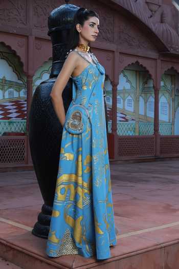 ASHNA VASWANI Blue Denim Halter Neck Hand Paint Printed Maxi Long Dress Online at Aza Fashions ASHNA VASWANI_Blue Denim Halter Neck Hand Paint Printed Maxi Long Dress _Online_at_Aza_Fashions