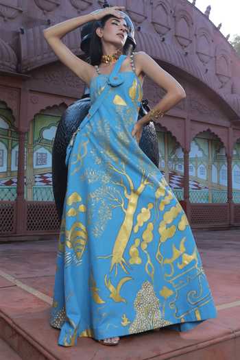 Buy ASHNA VASWANI Blue Denim Halter Neck Hand Paint Printed Maxi Long Dress Online at Aza Fashions Buy_ASHNA VASWANI_Blue Denim Halter Neck Hand Paint Printed Maxi Long Dress _Online_at_Aza_Fashions