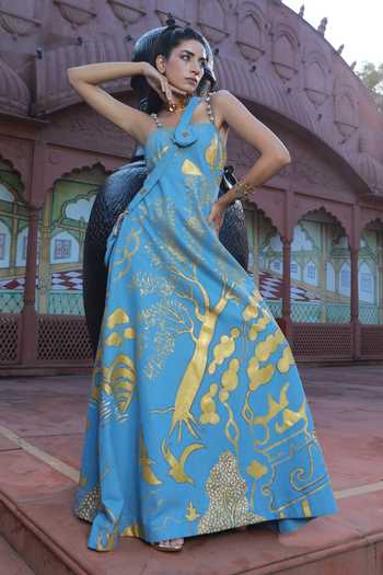 Shop ASHNA VASWANI Blue Denim Halter Neck Hand Paint Printed Maxi Long Dress Online at Aza Fashions Shop_ASHNA VASWANI_Blue Denim Halter Neck Hand Paint Printed Maxi Long Dress _Online_at_Aza_Fashions