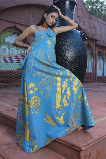 ASHNA VASWANI Hand Paint Printed Maxi Denim Long Dress 