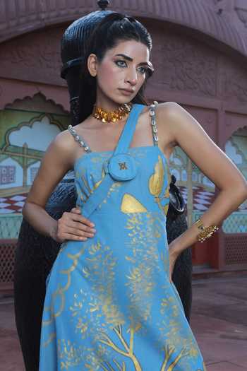 ASHNA VASWANI Blue Denim Halter Neck Hand Paint Printed Maxi Long Dress at Aza Fashions ASHNA VASWANI_Blue Denim Halter Neck Hand Paint Printed Maxi Long Dress _at_Aza_Fashions