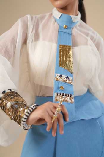 ASHNA VASWANI_Blue Hand Work Denim Tie _Online_at_Aza_Fashions