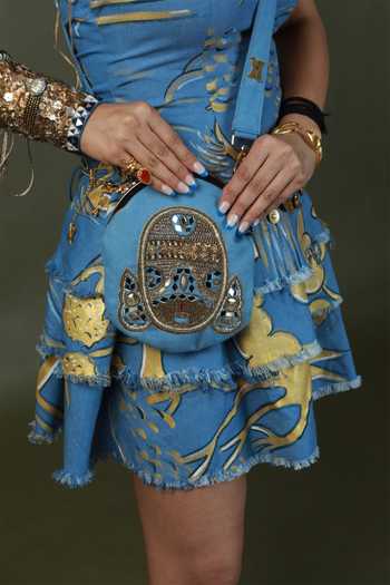Buy_ASHNA VASWANI_Blue Denim Scoop Neck Hand Painted Dress 
