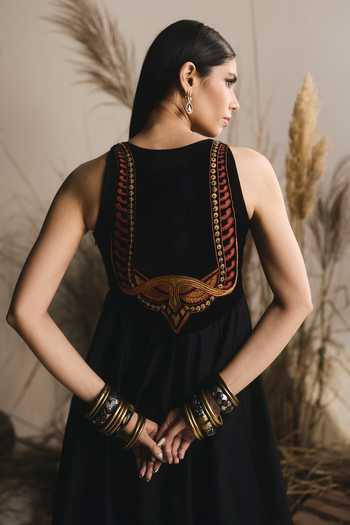 ASHNA VASWANI_Black Chanderi, Velvet, Handloom Cotton Round Neck Elephant Motif Kurta Set _Online_at_Aza_Fashions