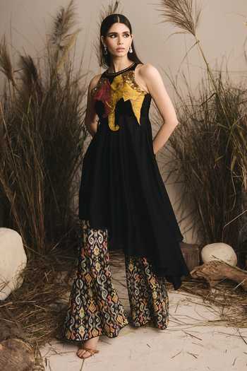 Buy_ASHNA VASWANI_Black Chanderi, Velvet, Handloom Cotton Round Neck Elephant Motif Kurta Set _Online_at_Aza_Fashions