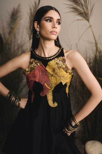 Shop_ASHNA VASWANI_Black Chanderi, Velvet, Handloom Cotton Round Neck Elephant Motif Kurta Set _Online_at_Aza_Fashions