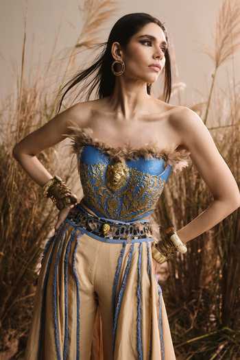 ASHNA VASWANI Blue Chanderi, Handloom Cotton Feathers Bandeau Neck And Corset & Pant Set Online at Aza Fashions ASHNA VASWANI_Blue Chanderi, Handloom Cotton Feathers Bandeau Neck And Corset & Pant Set _Online_at_Aza_Fashions