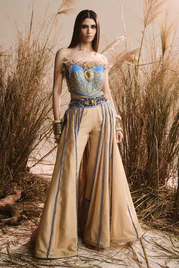 Buy ASHNA VASWANI Blue Chanderi, Handloom Cotton Feathers Bandeau Neck And Corset & Pant Set Online at Aza Fashions Buy_ASHNA VASWANI_Blue Chanderi, Handloom Cotton Feathers Bandeau Neck And Corset & Pant Set _Online_at_Aza_Fashions