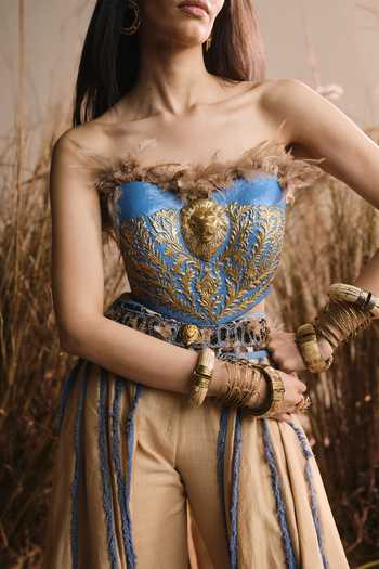 Shop ASHNA VASWANI Blue Chanderi, Handloom Cotton Feathers Bandeau Neck And Corset & Pant Set Online at Aza Fashions Shop_ASHNA VASWANI_Blue Chanderi, Handloom Cotton Feathers Bandeau Neck And Corset & Pant Set _Online_at_Aza_Fashions