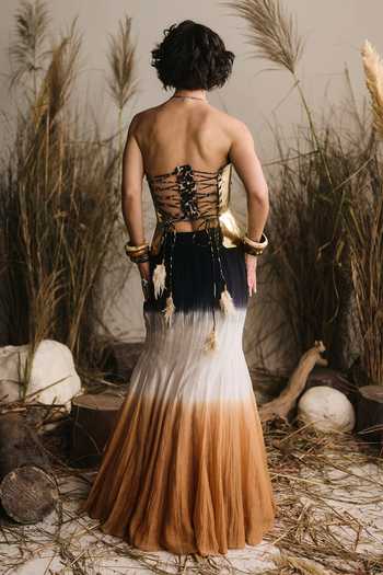 ASHNA VASWANI Brass Bustier & Chanderi Silk Skirt Set 