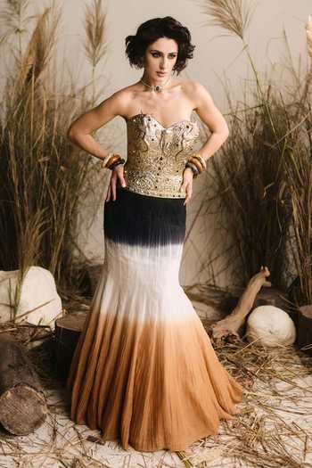 Buy ASHNA VASWANI Multi Color Satin, Chanderi Silk Sweetheart Neck Brass Bustier And Skirt Set Buy_ASHNA VASWANI_Multi Color Satin, Chanderi Silk Sweetheart Neck Brass Bustier And Skirt Set