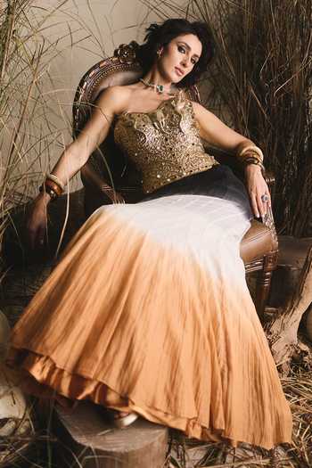 Shop ASHNA VASWANI Multi Color Satin, Chanderi Silk Sweetheart Neck Brass Bustier And Skirt Set Shop_ASHNA VASWANI_Multi Color Satin, Chanderi Silk Sweetheart Neck Brass Bustier And Skirt Set