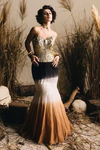 ASHNA VASWANI Brass Bustier & Chanderi Silk Skirt Set 