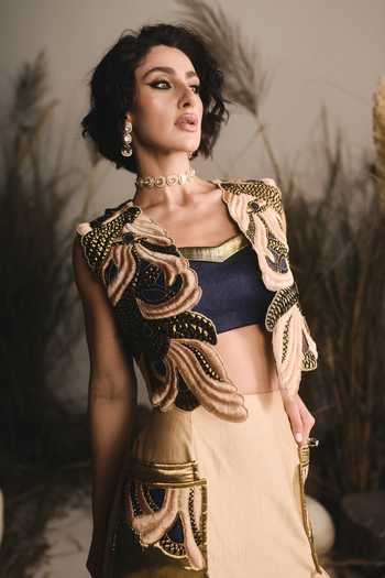 Buy_ASHNA VASWANI_Blue Denim, Chanderi Open , Square 3d Handwork And Lehenga Set _Online_at_Aza_Fashions