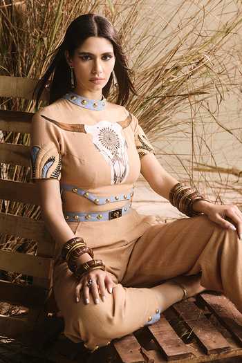 Buy ASHNA VASWANI Beige Handloom Cotton Choker Neck Hand Painted Top And Pant Set Online at Aza Fashions Buy_ASHNA VASWANI_Beige Handloom Cotton Choker Neck Hand Painted Top And Pant Set _Online_at_Aza_Fashions