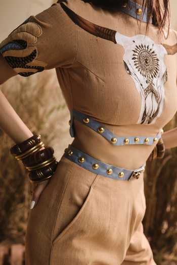 Shop ASHNA VASWANI Beige Handloom Cotton Choker Neck Hand Painted Top And Pant Set Online at Aza Fashions Shop_ASHNA VASWANI_Beige Handloom Cotton Choker Neck Hand Painted Top And Pant Set _Online_at_Aza_Fashions