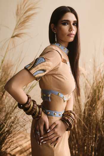 ASHNA VASWANI Beige Handloom Cotton Choker Neck Hand Painted Top And Pant Set at Aza Fashions ASHNA VASWANI_Beige Handloom Cotton Choker Neck Hand Painted Top And Pant Set _at_Aza_Fashions