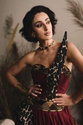 ASHNA VASWANI Maroon Chanderi Sequins, Pearls, Cut Work Cheetah Print Corset And Lehenga Set Online at Aza Fashions ASHNA VASWANI_Maroon Chanderi Sequins, Pearls, Cut Work Cheetah Print Corset And Lehenga Set _Online_at_Aza_Fashions