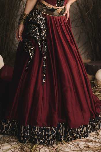 Buy ASHNA VASWANI Maroon Chanderi Sequins, Pearls, Cut Work Cheetah Print Corset And Lehenga Set Online at Aza Fashions Buy_ASHNA VASWANI_Maroon Chanderi Sequins, Pearls, Cut Work Cheetah Print Corset And Lehenga Set _Online_at_Aza_Fashions