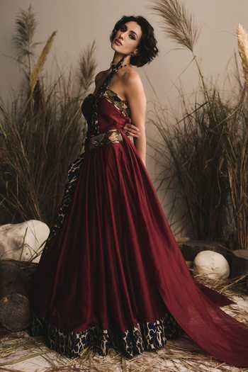 Shop ASHNA VASWANI Maroon Chanderi Sequins, Pearls, Cut Work Cheetah Print Corset And Lehenga Set Online at Aza Fashions Shop_ASHNA VASWANI_Maroon Chanderi Sequins, Pearls, Cut Work Cheetah Print Corset And Lehenga Set _Online_at_Aza_Fashions