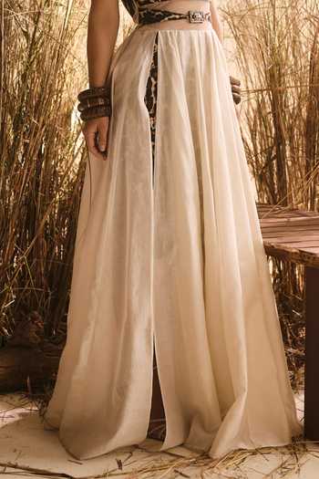 ASHNA VASWANI Ivory Chanderi, Satin, Handloom Cotton, Denim Cheetah Print Gown And Skirt Set Online at Aza Fashions ASHNA VASWANI_Ivory Chanderi, Satin, Handloom Cotton, Denim Cheetah Print Gown And Skirt Set _Online_at_Aza_Fashions
