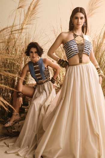 Buy ASHNA VASWANI Ivory Chanderi, Satin, Handloom Cotton, Denim Cheetah Print Gown And Skirt Set Online at Aza Fashions Buy_ASHNA VASWANI_Ivory Chanderi, Satin, Handloom Cotton, Denim Cheetah Print Gown And Skirt Set _Online_at_Aza_Fashions