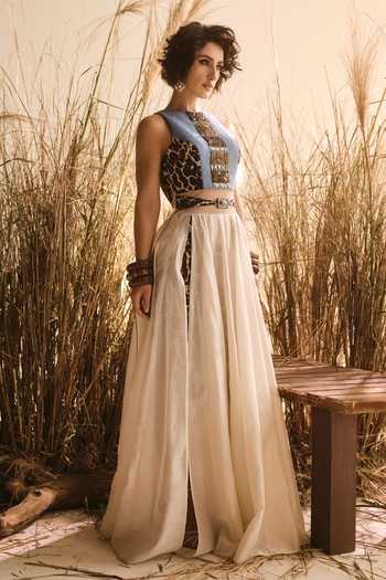 Buy ASHNA VASWANI Ivory Chanderi, Satin, Handloom Cotton, Denim Cheetah Print Gown And Skirt Set Buy_ASHNA VASWANI_Ivory Chanderi, Satin, Handloom Cotton, Denim Cheetah Print Gown And Skirt Set