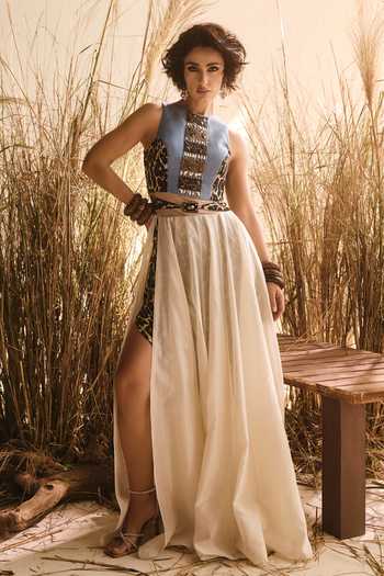 ASHNA VASWANI Cheetah Print Gown & Skirt Set 