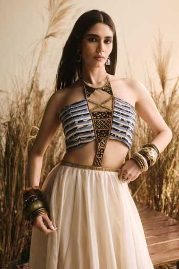 Buy_ASHNA VASWANI_Blue Chanderi, Satin, Denim Sequins, Beads, Tassels Halter Striped And Gown _Online_at_Aza_Fashions